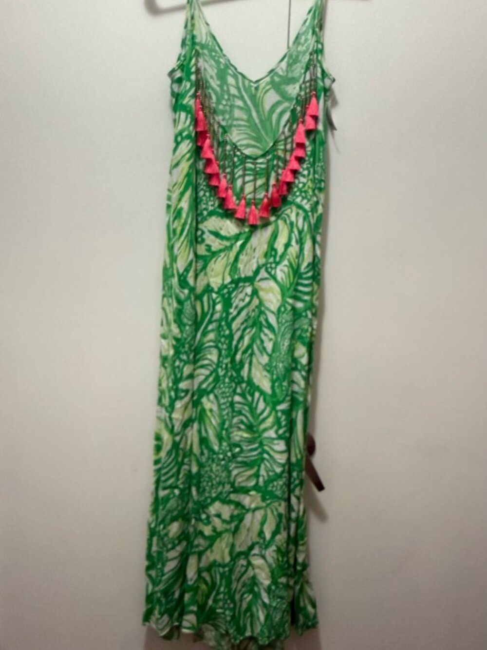 Lilly Pulitzer green tropical maxi dress M beaded pink tassel low back - Picture 7 of 10